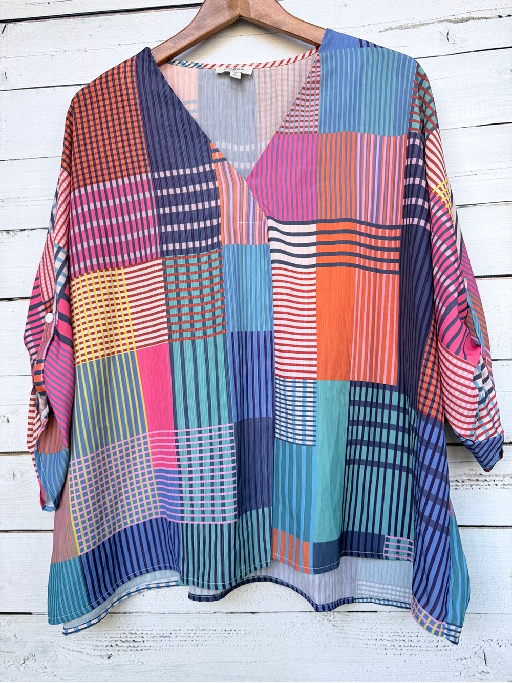 Umgee Mixed Stripe Patchwork V-Neck Tab-Sleeve Blouse Top - Medium